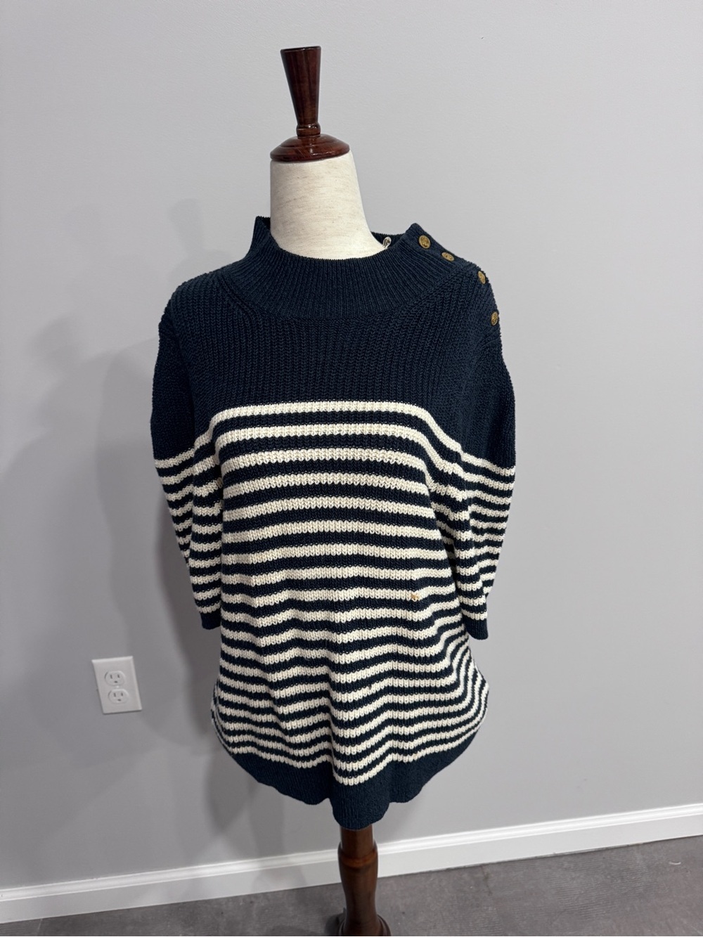 Maeve Anthropologie Navy & White Striped Button-Shoulder Sweater XL